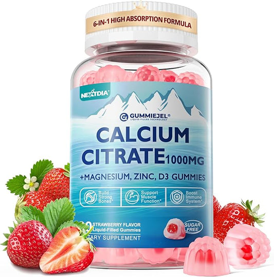 Calcium Citrate Gummies 1000mg, Easily Absorbed Calcium with Magnesium 500mg, Zinc, D3, B6 & Potassium, Chewable Calcium Supplement for Women & Men, Bone & Teeth, Muscle & Immune Support, Vegan 60Cts