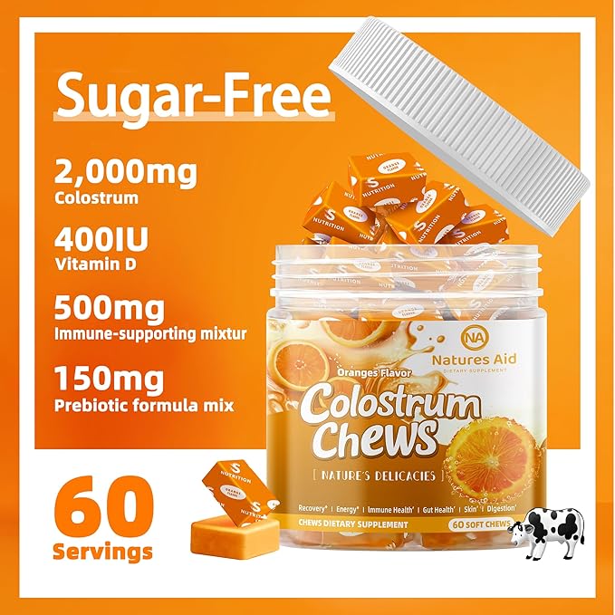 Colostrum Chews Supplement with probiotics for Gut Health, Bloating, Immune Support, Skin, Hair Growth and Beauty - Orange Flavor (60 Servings)