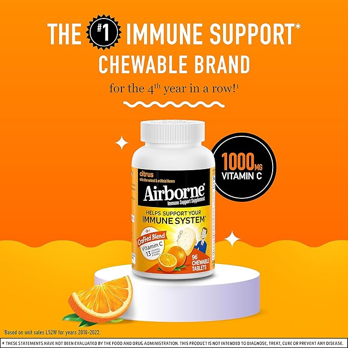 Airborne 1000mg Chewable Tablets with Zinc, Immune Support Supplement with Powerful Antioxidants Vitamins A C & E - 96 Tablets, Citrus Flavor
