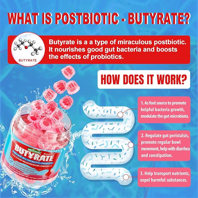 Butyrate Gummies with Probiotic + Prebiotic + Postbiotic, Omega-3 500mg,Fiber with 9 Billion CFU Probiotics, Calcium & Magnesium, Inulin,Psyllium Husk for Digestive Health,Bloating Support,Sugar Free