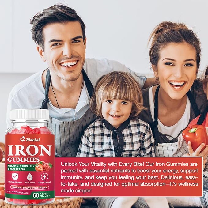 Vegan Iron Gummies - High Potency Iron Supplement for Women & Men - Supports Energy & Immune Health - Strawberry Flavor (60 Count)