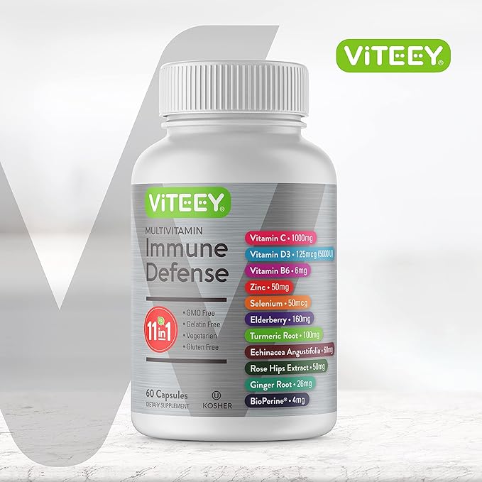 11 in 1 Multivitamin Immune Defense Supplement - Immune Booster Capsules with Vitamin D3, Vitamin B6, Echinacea, Turmeric, Rose-HIPS, Selenium, BioPerine, Ginger, Elderberry Vitamin C and Zinc