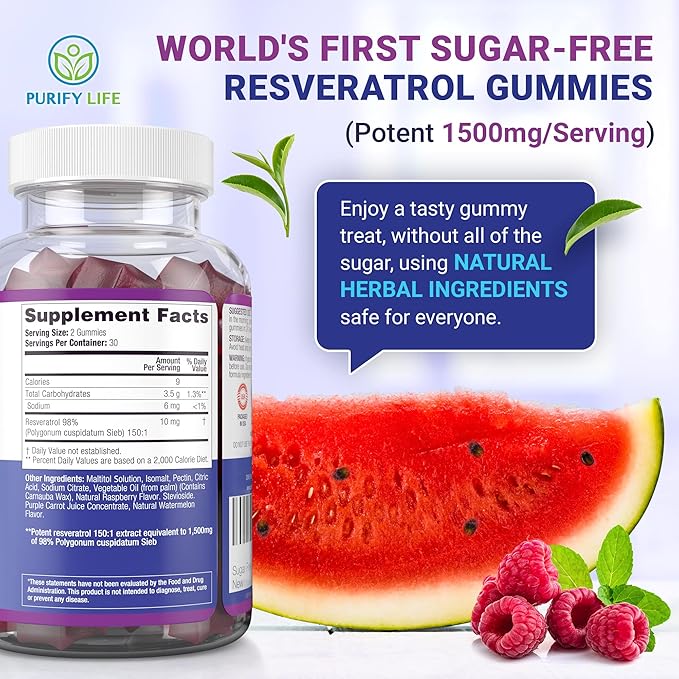 Purify Life Sugar-Free Resveratrol Gummies - Potent 1500mg Resveratrol Supplement to Support Digestive & Immune Health - Supplement for Antioxidant Support, Cell Regenerator & Repair