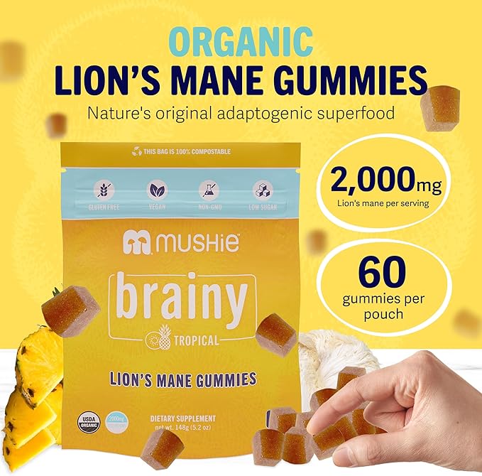 Mushie 100% Organic Lion’s Mane Mushroom Gummies for Adults & Kids Focus - 2000mg Lions Mane Nootropic for Brain, Cognitive, Memory & Immune Support - Vegan, Gluten-Free - 60 Count