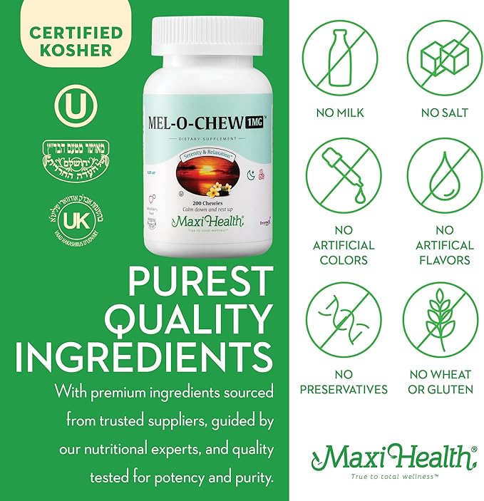 Chewable Melatonin, Kosher Berry Flavor, 1mg Melatonin for Adults or Teens, Natural Aid for Adults, Melatonin Chewables Alternative to Melatonin Gummies Higher 1 mg Dose, Maxi Health (200 Count)