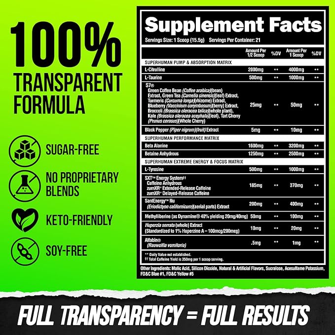 ALPHA LION Superhuman Extreme High Stim Pre Workout Powder, Beta Alanine, L-Taurine & 356mg Tri-Source Caffeine for Sustained Energy, Nitric Oxide & Citrulline for Pump (21 Servings, Sour Gummy Bear)