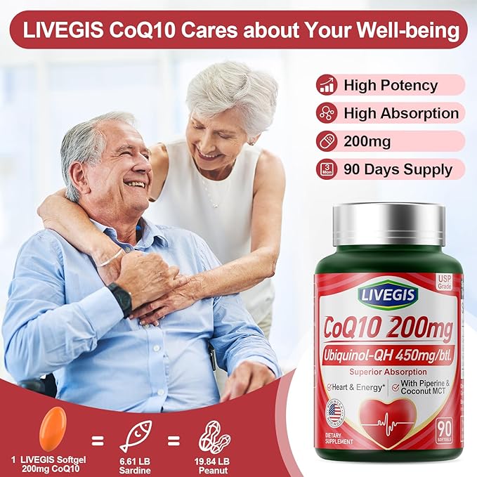 CoQ10 200mg Softgels, Ultra CoQ10 Ubiquinone 200mgWith Coconut MCT Oil, 5X Superior Absorption, Coenzyme Q10 Supplement for Heart Health & Energy - 90 Counts