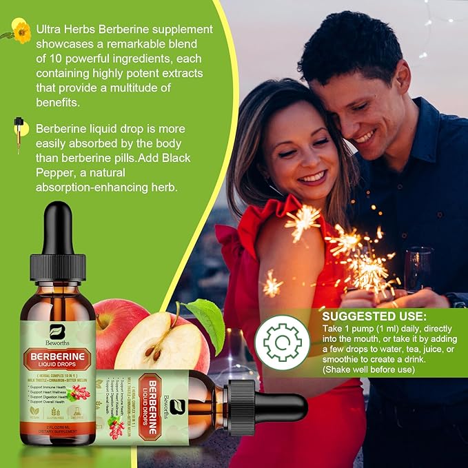 Berberine HCL Supplement with Ceylon Cinnamon - Berberine Liquid Drops with Turmeric, Ceylon Cinnamon, Bitter Melon, Milk Thistle, Berberine Veggie Supplement for Digestion System Support