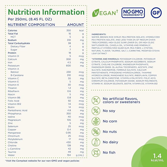 Compleat Standard 1.4 Plant-Based Vanilla Nutrition Shake - 18g Protein, 29 Vitamins & Minerals - Vegan Tube Feeding Formula - 8.45 Fl Oz (Pack of 24)