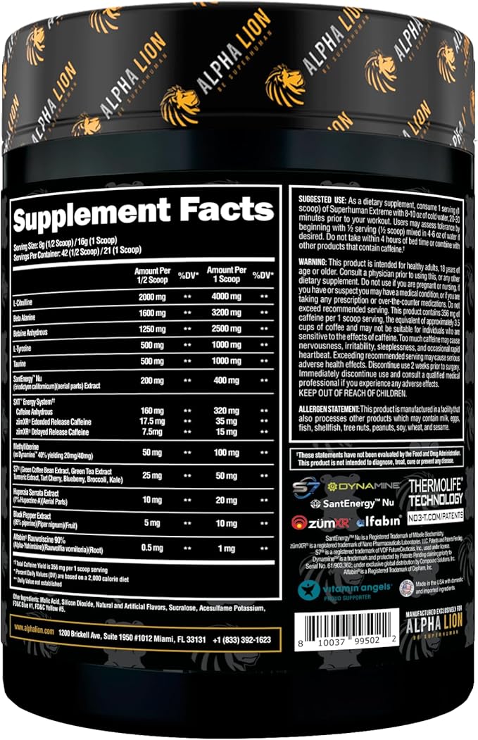 ALPHA LION Superhuman Extreme High Stim Pre Workout Powder, Beta Alanine, L-Taurine & 356mg Tri-Source Caffeine for Sustained Energy, Nitric Oxide & Citrulline for Pump (21 Servings, Sour Gummy Bear)