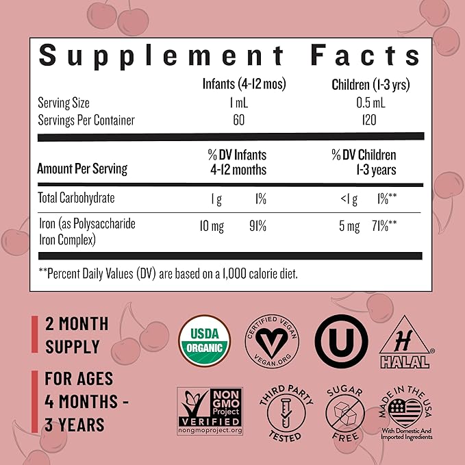 Legendairy Milk Organic Liquid Iron Supplements for Kids - Sugar Free Liquid Iron for Kids - for Ages 4 Months to 3 Years - Cherry Flavor, 60 Servings