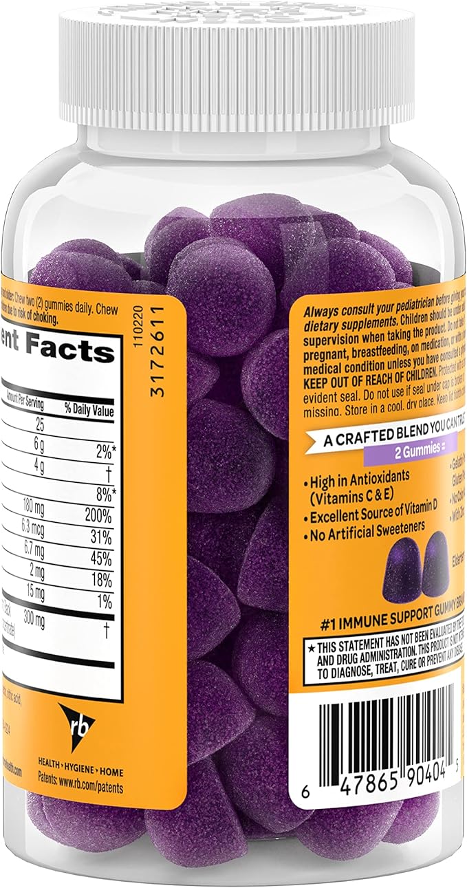 Airborne KIDS Elderberry + Zinc & Vitamin C Gummies, Kids Immune Support with Powerful Antioxidants Vit D & E - 50 gummies, Elderberry Flavor