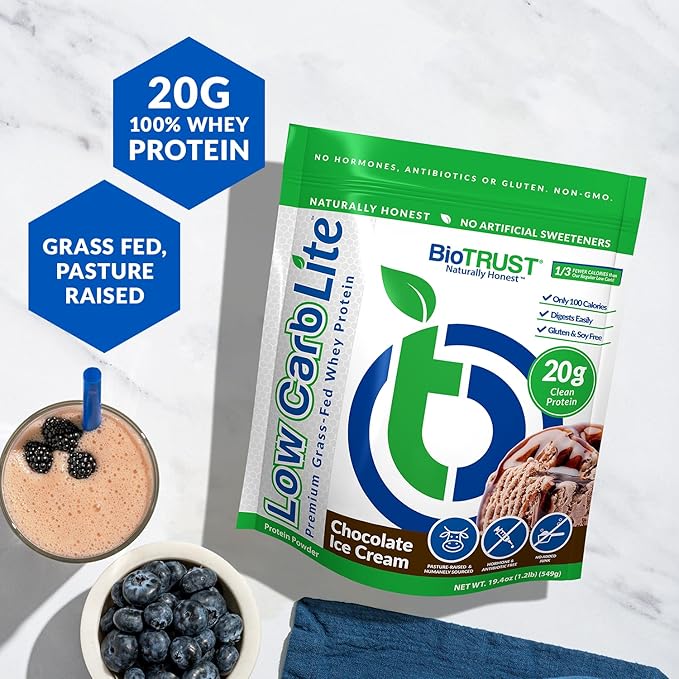BioTrust Low Carb Lite, 20 Grams of Grass-Fed Whey Protein Isolate, 100 Calories, ProHydrolase Digestive Enzymes, Non-GMO, Free from Soy and Gluten, rBGH-Free (14 Servings) (Chocolate Ice Cream)