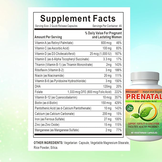 90 Capsules, Multivitamin Vitamins for Women, Halal Prenatal Vitamins for Women, Supplements with DHA and Folic Acid, Vegan and Gelatin Free Vitamins, Womens prenatal multivitamin
