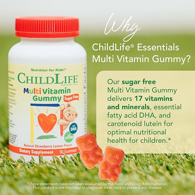 CHILDLIFE ESSENTIALS Multivitamin Gummies for Kids - Children's Vitamins, Kids Multivitamins with DHA, Sugar Free - Natural Strawberry, 90 Count