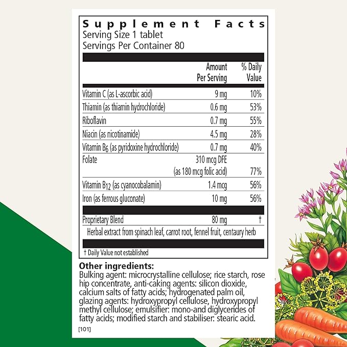 Floradix Iron Tablets - Iron Supplement with Folic Acid, Vitamin C & More - Energy Support - Vegetarian, Gluten-Free - 80 Tablets