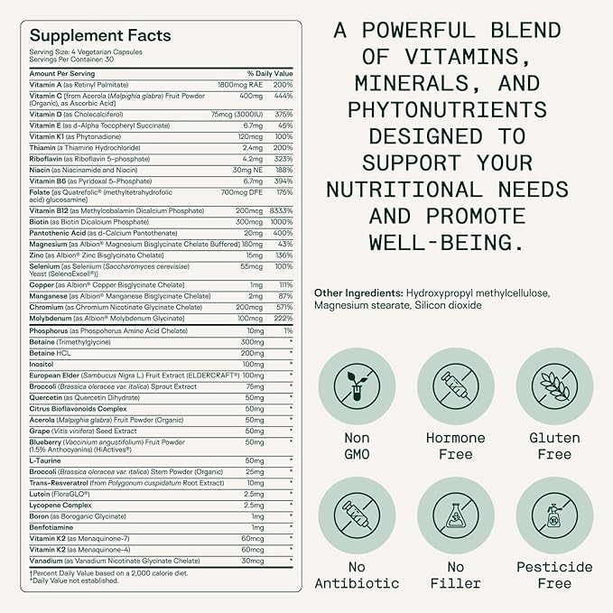 Adapt Naturals Multivitamin for Women & Men, Bioavailable Easy-to-Absorb Multivitamin Daily Supplement with Biotin, Niacin, Vitamin A, B, C, D, E, K1, Zinc, Magnesium - Immune Support - 60 Day Supply