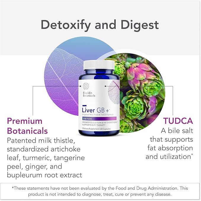 Biocidin Liver GB+ Liver Support & Gallbladder Supplements - Artichoke Extract & Milk Thistle for Detox - Optimize Toxin Removal & Fat Digestion - Soothe Side Effects from GLP-1 Therapy (60 Capsules)