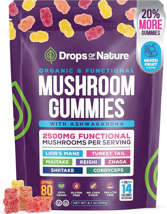Ashwagandha Gummies and Lions Mane Mushroom Gummies Supplement - Organic - Reishi, Cordyceps, Turkey Tail, Maitake, Shitake, Chaga - Immune Defense, Boosts Cognitive Performance, Vegan, Low Carb