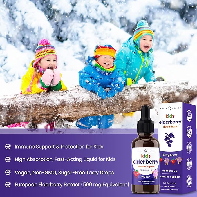 NutraChamps Black Elderberry for Kids Liquid Drops, 10:1 Extract Sambucus Elderberry Syrup for Kids, Sugar-Free European Elderberry Drops Berry Flavor, Immune Support, 4 Month Supply