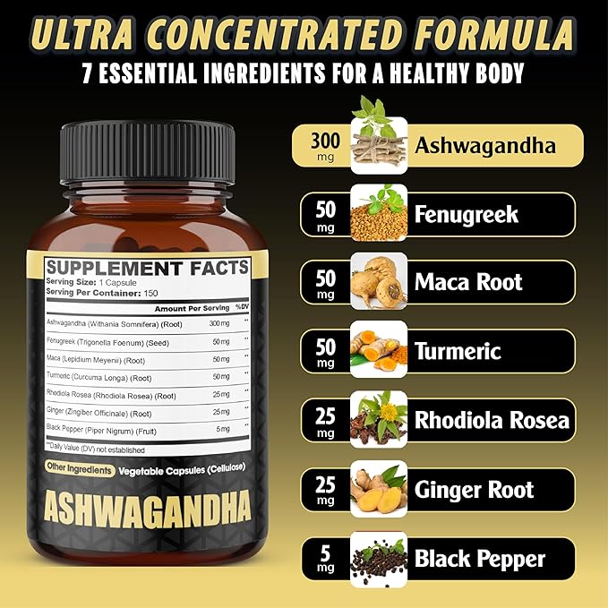 Ashwagandha Extract Capsules 7 Herbal Ingredients 8050 mg - Blended Fenugreek, Maca, Turmeric, Rhodiola, Ginger & Black Pepper - Sleep, Spirit, Immune & Energy Support - 5-Month Supply