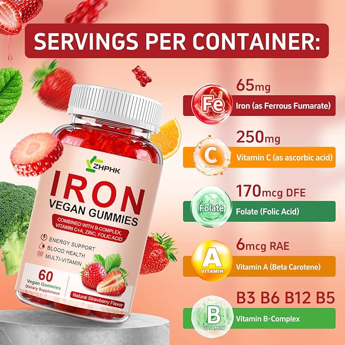 Iron Supplement Gummies for Women, Men & Kids, 65mg Iron & 250mg Vitamin C per Serving - Healthy Blood, Energy & Immune Support Iron Vitamin Gummy with Folate, 2 Pack