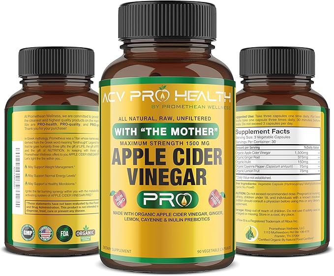 2-Pack ACV Pro Apple Cider Vinegar Capsules Certified Organic with Mother ACV Pills Detox Cleanse Acid Reflux Relief Support Supplement Ginger Root Cayenne Pepper Powder