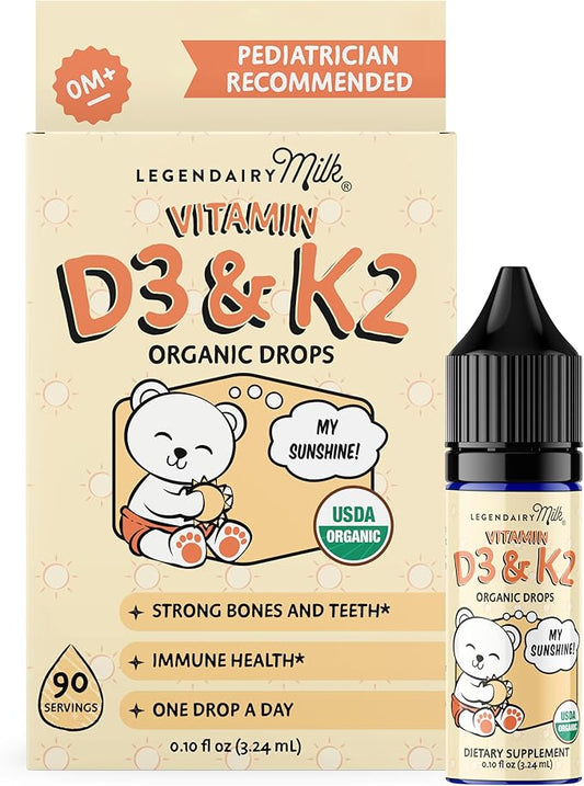 Legendairy Milk Organic Baby Vitamin D3 K2 Liquid Drops, 400 IU of Baby Vitamin D Drops for Infants with K2 Drops, Vitamin D Drops for Newborns, Toddlers, and Kids, Vegan, 90 Drops Liquid