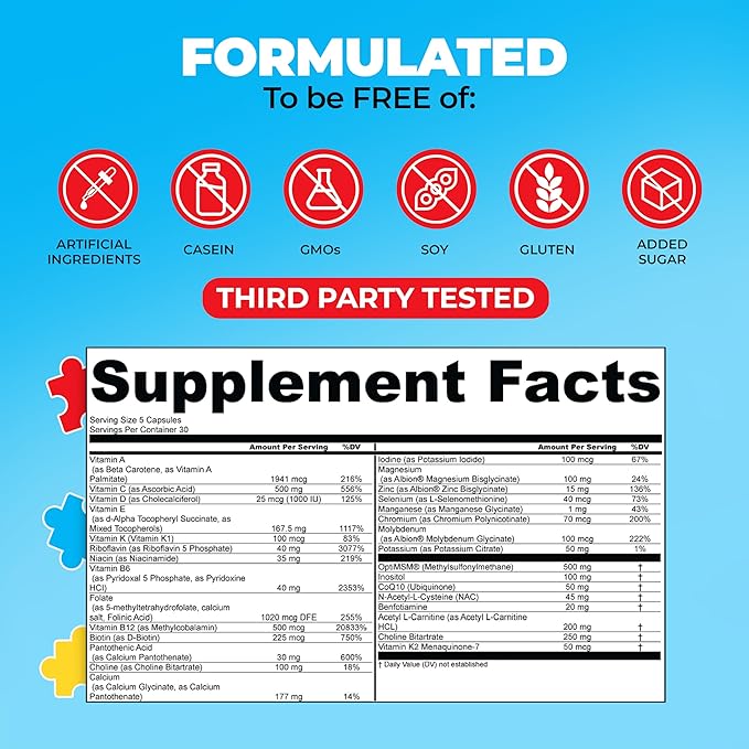 Children's Multivitamin Supplement - Acetyl-l-carnitine, Choline, Coenzyme Q10, Inositol, MSM, MTHF, NAC for Daily Nutritional Help and Cognitive Health (150 Capsules)
