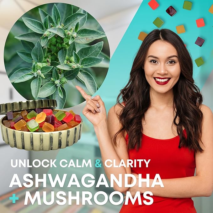 Sugar-Free Ashwagandha & Mushroom Gummies Supplement | 10 Functional Mushrooms per Serving | Immune Support, Focus, Energy | Vegan, Keto, Low Carb, Allulose Sweetener | 80 Gummies, Natural Flavors