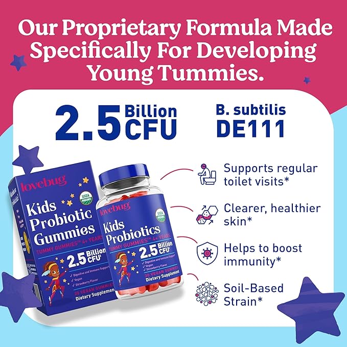 Lovebug Kids Probiotic Gummies – Organic Chewable Probiotics for Kids Aged 4+, Soil-Based Children’s Probiotic for Gut Health, Constipation, Digestive & Immune Support, Vegan, 30 Chews, Strawberry