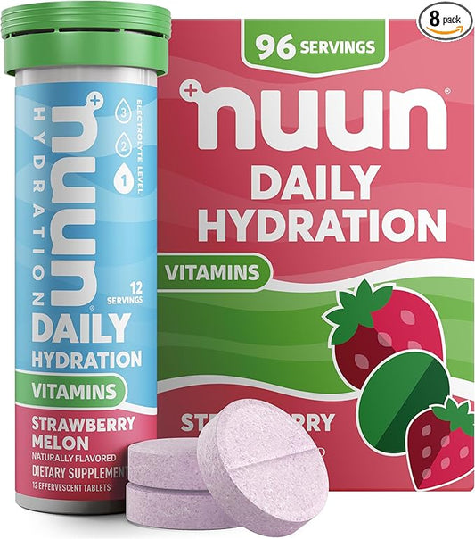 Nuun Hydration Vitamins Electrolyte Tablets, Strawberry Melon, 5 Essential Electrolytes for Hydration + Vitamin A, B6, C, D, E, with Magnesium, Vegan, Non-GMO, 8 Pack (96 Servings)