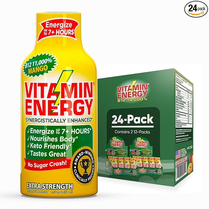 Vitamin Energy B12 11,000% Extra Strength Energy Shot Mango 24 Pack, 260mg Natural Caffeine, B12 & B6, Nootropic Focus, Vitality, Zero Sugar, Gluten-Free, Vegan, Kosher, 1.93 fl oz