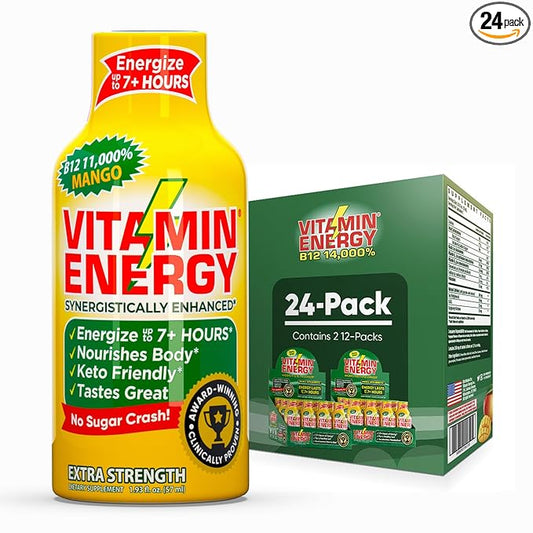 Vitamin Energy B12 11,000% Extra Strength Energy Shot Mango 24 Pack, 260mg Natural Caffeine, B12 & B6, Nootropic Focus, Vitality, Zero Sugar, Gluten-Free, Vegan, Kosher, 1.93 fl oz