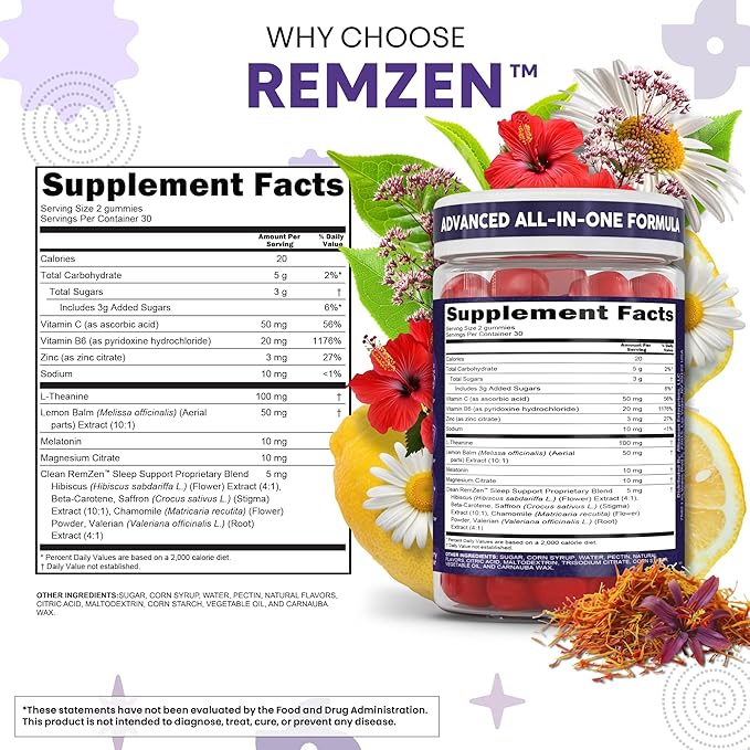 Clean Nutra Melatonin Gummies L Theanine Magnesium Valerian Root Lemon Balm Chamomile Vitamin C Gummy Saffron Sleep Aid Calm Vitamin B6 Stress Relief Hibiscus Relax Mood Happy Supplement Men Women