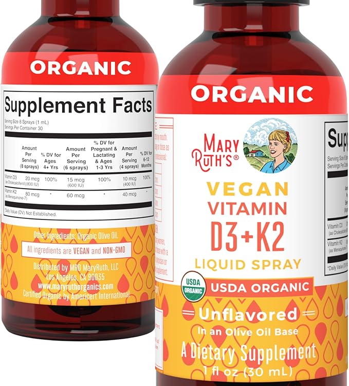 MaryRuth's Vitamin D3 | K2 | Liquid Spray | Supplement for Adults & Kids | Calcium Absorption Strong Bones | Vegan | Non-GMO | Gluten Free | 1 Fl Oz