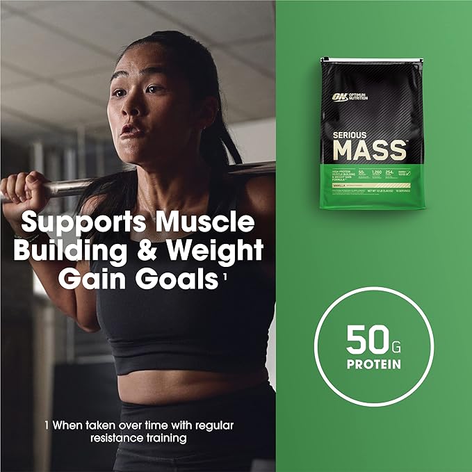 Optimum Nutrition Serious Mass, Weight Gainer Protein Powder, Mass Gainer, Vitamin C and Zinc for Immune Support, Creatine, Strawberry, 12 Pound (Packaging May Vary)