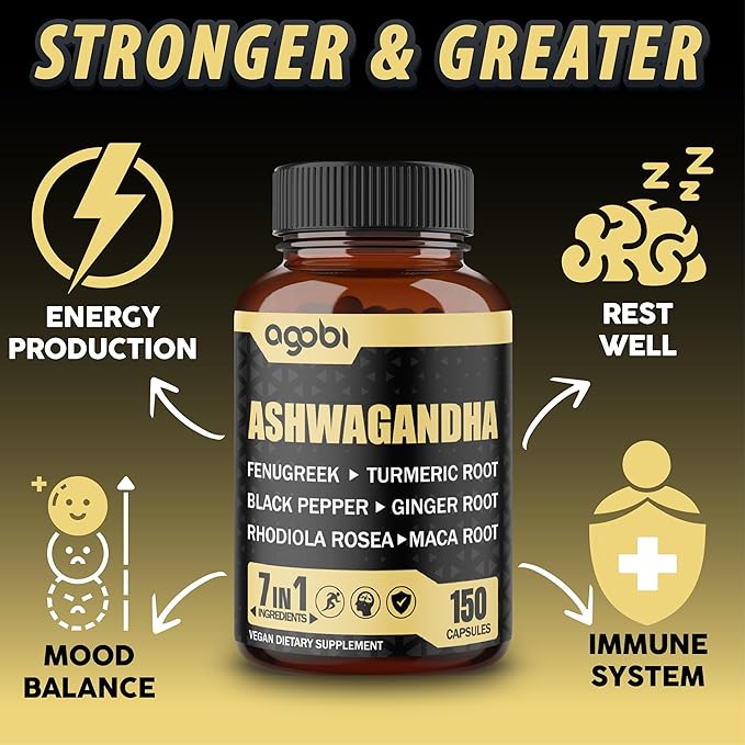 Ashwagandha Extract Capsules 7 Herbal Ingredients 8050 mg - Blended Fenugreek, Maca, Turmeric, Rhodiola, Ginger & Black Pepper - Sleep, Spirit, Immune & Energy Support - 5-Month Supply