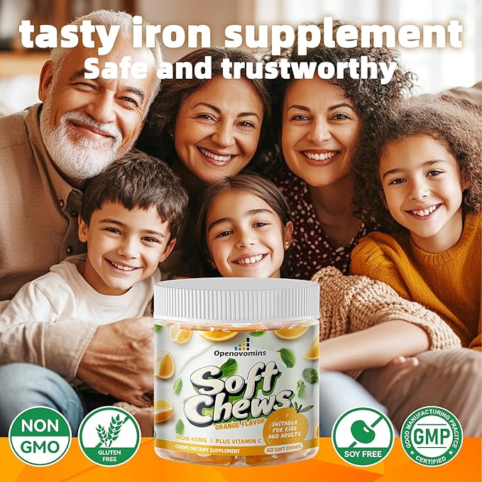 Iron Supplement Chews with Vitamin C for Women Men and Kids, Natural Vegan Iron Soft Chew with Vitamin B6,B12,D, Calcium & Zinc - Energy Support, 60 Orange SoftChews,2 Month Supply