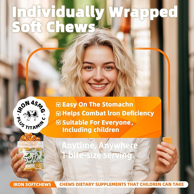Iron Supplement Chews with Vitamin C for Women Men and Kids, Natural Vegan Iron Soft Chew with Vitamin B6,B12,D, Calcium & Zinc - Energy Support, 60 Orange SoftChews,2 Month Supply