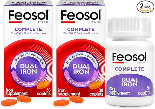Feosol Complete Iron Supplement Tablets, Non-heme, 325mg Ferrous Sulfate (65mg Elemental Iron) per Iron Pill, 1 Per Day, 30 Count (Pack of 2, Total 60 Count), for Energy and Immune System Support