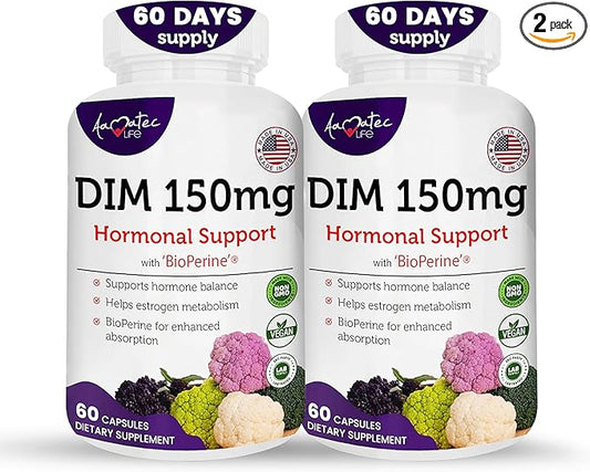 Women’s DIM Complex 150mg - Bioperine Estrogen Balancing Pills for Menopause & Hot Flashes Relief Support Hormonal Acne Powerful Supplement - 60 Capsules - Made in USA