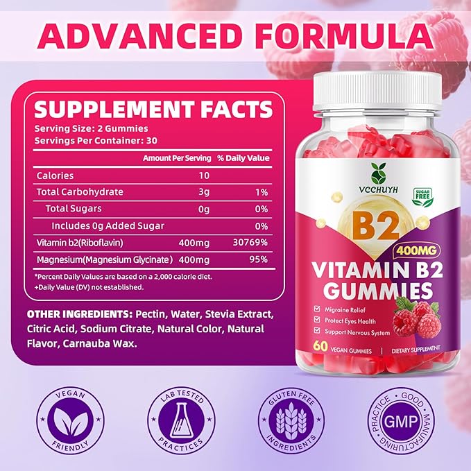 Vitamin B2 Gummies for Kids & Adults, VIT B2 Riboflavin 400mg Supplement with Magnesium for Migraine Relief & Nervous System Support, Non-GMO, Vegan, Raspberry Flavor 60 Count