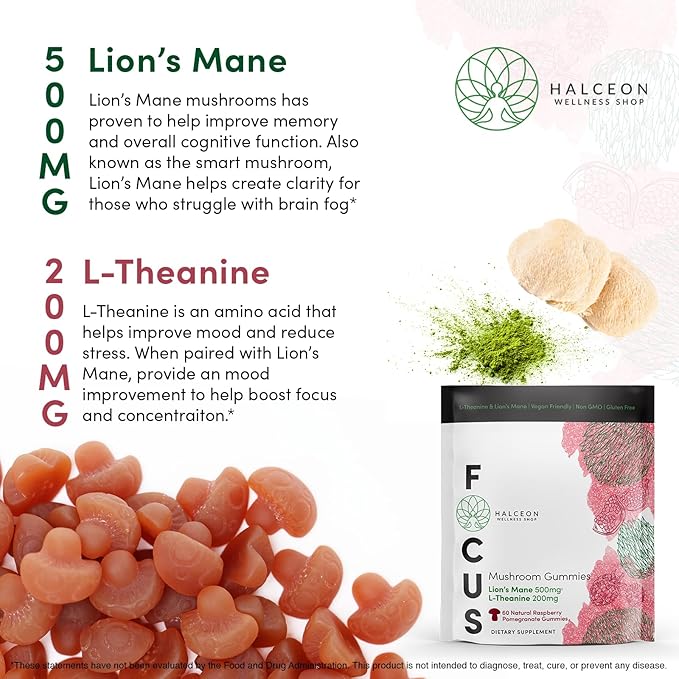 Halceon Wellness Mushroom Gummies - Lion's Mane Mushroom and L-Theanine Supplement for Brain Health - Nootropic Mushroom Supplement - Non-GMO Vegan Lion Mane Mushroom Gummies for Focus - 60 Count