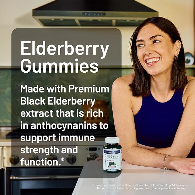 NatureWise Sambucus Elderberry Gummies - Immune Support Supplement for Kids Ages 4+ & Adults with Vitamin C, D3, Zinc - Elderberries Equivalent to 3520mg - Vegan, Non-GMO - 90 Count[45-Day Supply]