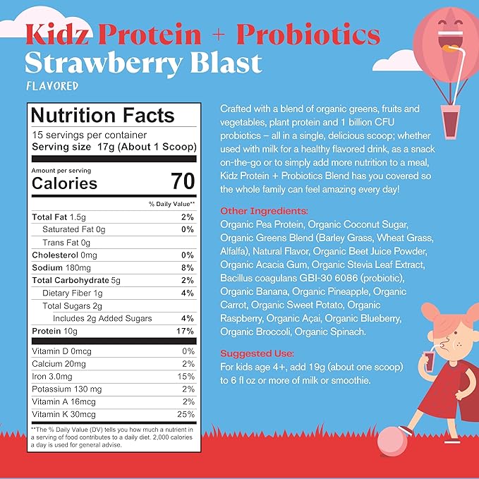 Amazing Grass Kidz Superfood: Vegan Protein & Probiotics for Kids with Beet Root Powder & 1/2 Cup of Leafy Greens, Strawberry Blast, 15 Servings