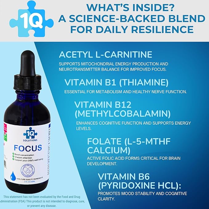 Focus Kids Enhances Clarity Drops | Acetyl L-Carnitine, Vitamin B1,B6,B12 & Folate | Sugar-Free, Vegan, Gluten-Free, Non-GMO | Cognitive & Attention Support | Advance Absorption | 2 Fl Oz