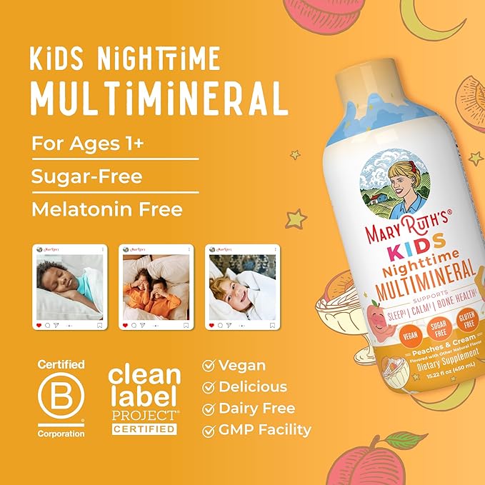 Kids Liquid Nighttime Multimineral by MaryRuth's | Kids Vitamins | Bone Health | Calm Calcium Magnesium Supplement | Muscle Relaxation | Vegan | Sugar Free | 30-180 Servings | 15.22 fl oz