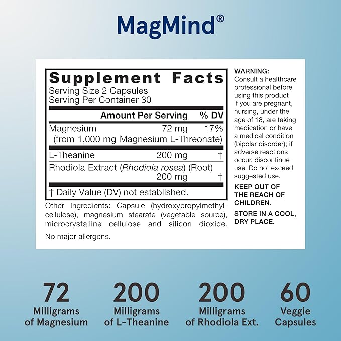 Jarrow Formulas Magnesium L-Threonate, MagMind Stress Resistance with L-Theanine and Rhodiolife, High Absorption Magnesium, Stress Relief and Mood Support, 60 Veggie Capsules, Up to a 30 Day Supply