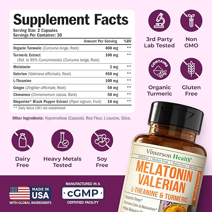 Melatonin Sleep Aid with L Theanine & Valerian Root – Turmeric Supplement – Turmeric Curcumin with Ginger & Black Pepper – L-Theanine & Melatonin 3mg for Sleep, Calm and Stress Relief – 2 Pack